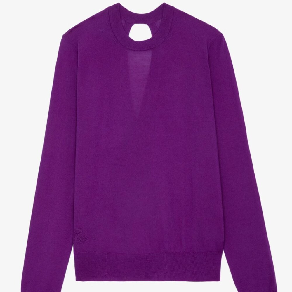 Emma sweater merino wool open crossover back purple XS NWOT